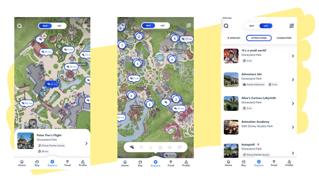 widoki aplikacji Disneyland na listę atrakcji i mapę
