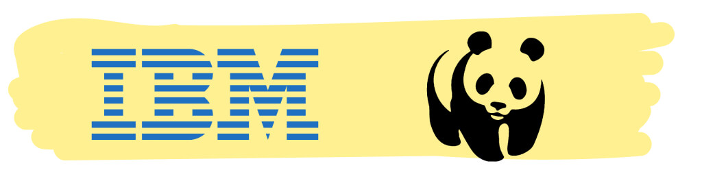 przykład zasady domknięcia na znakach IBM (literach zbudowanych z przerywanych linii) i logo WWF czyli uproszczonego rysunku pandy