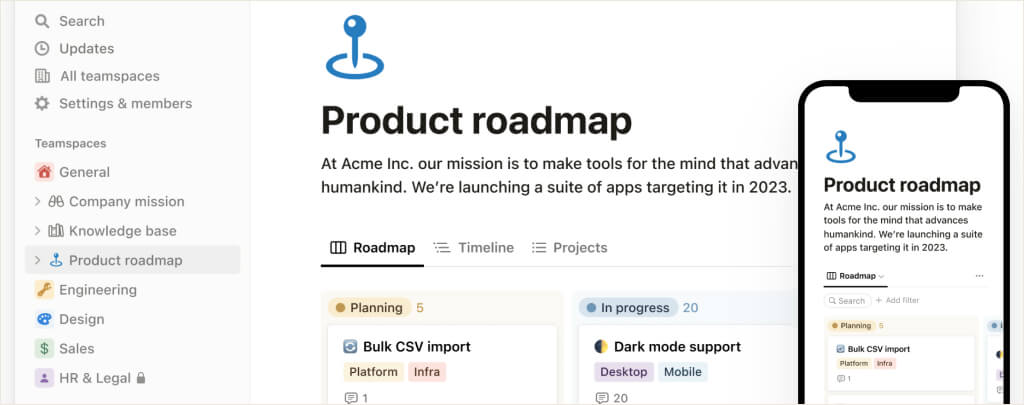 widok ekranu desktopowego i mobilnego z przykładowymi funkcjami notion – po lewej nawigacją projektów a po prawej przykładową roadmapą produktu